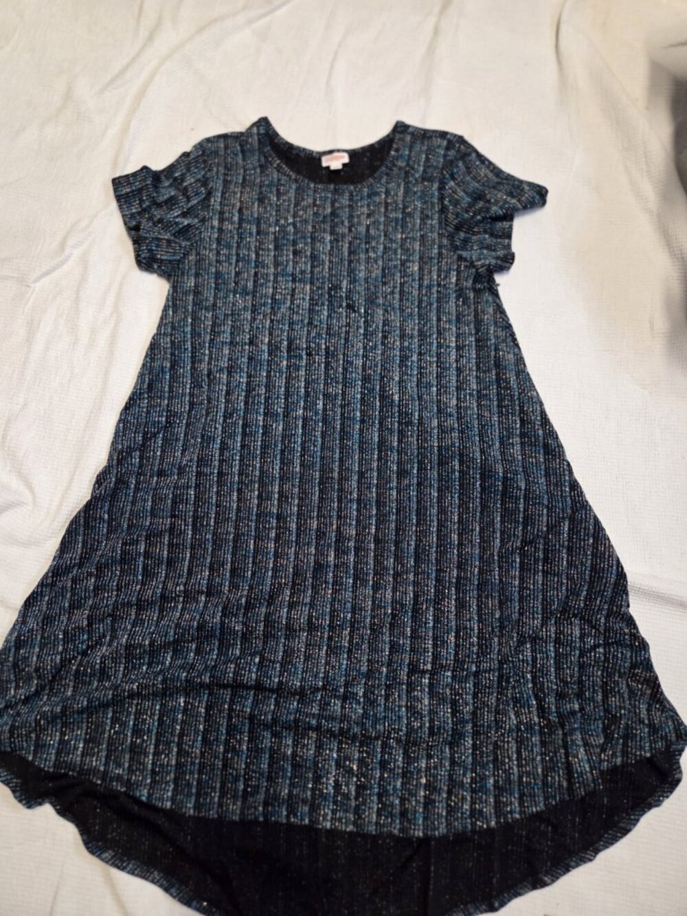 Lularoe Large Elegant Carly Dress Black Silver Blue Teal Shimmer Stripe